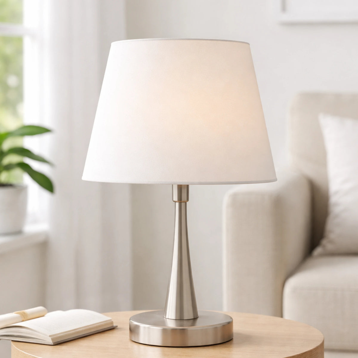 Artikel 5825-649, weißer Baumwoll-Lampenschirm auf einer Tischlampe mit Metallfuß im hellen Wohnraum.