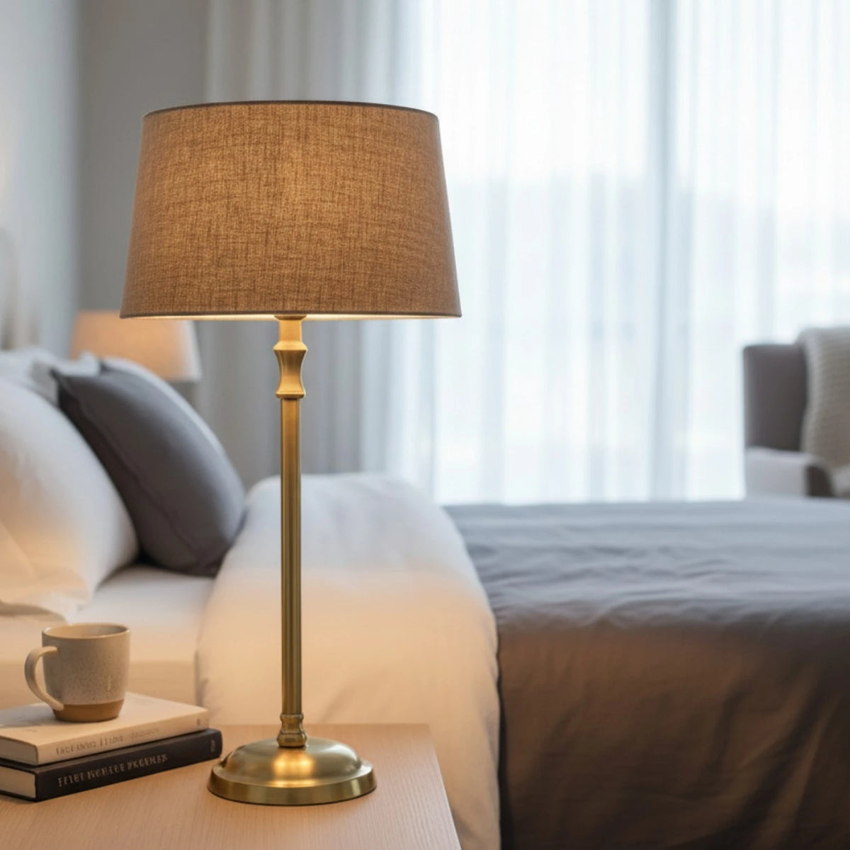 Tischlampe mit beigem Stoffschirm 3625950 und goldenem Fuß auf einem Nachttisch neben einem Bett in einem modernen Schlafzimmer