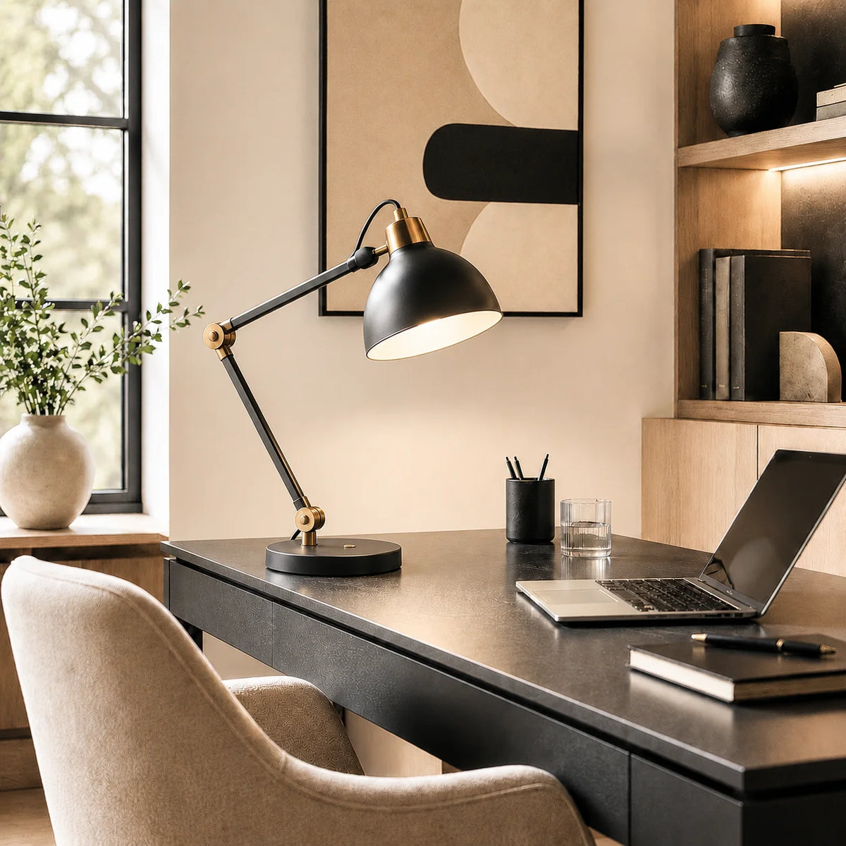 Elegantes Arbeitszimmer mit schwarzer Schreibtischlampe, Laptop und modernem Einrichtungstil in Beige, Holz und Schwarz