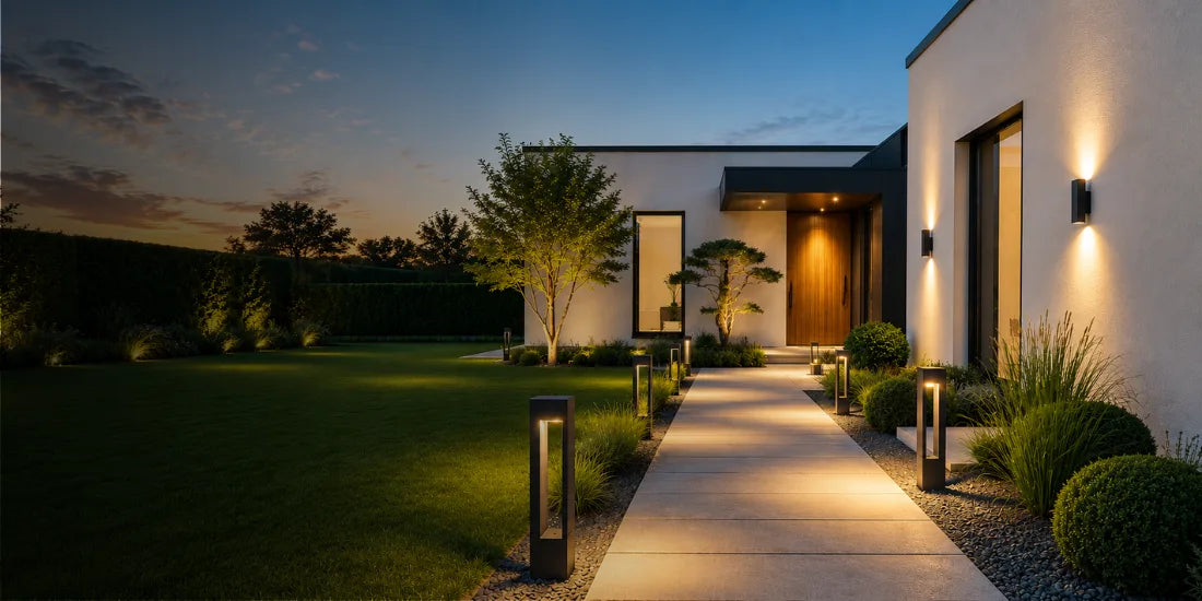 Modernes Haus mit beleuchtetem Gartenweg, Außenwandleuchten und Pollerleuchten bei Abenddämmerung