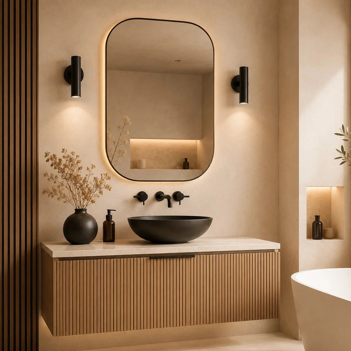 Modernes Badezimmer mit schwarzen Wandleuchten, großem Spiegel, Holzwaschtisch und warmem Licht in Beige- und Schwarztönen