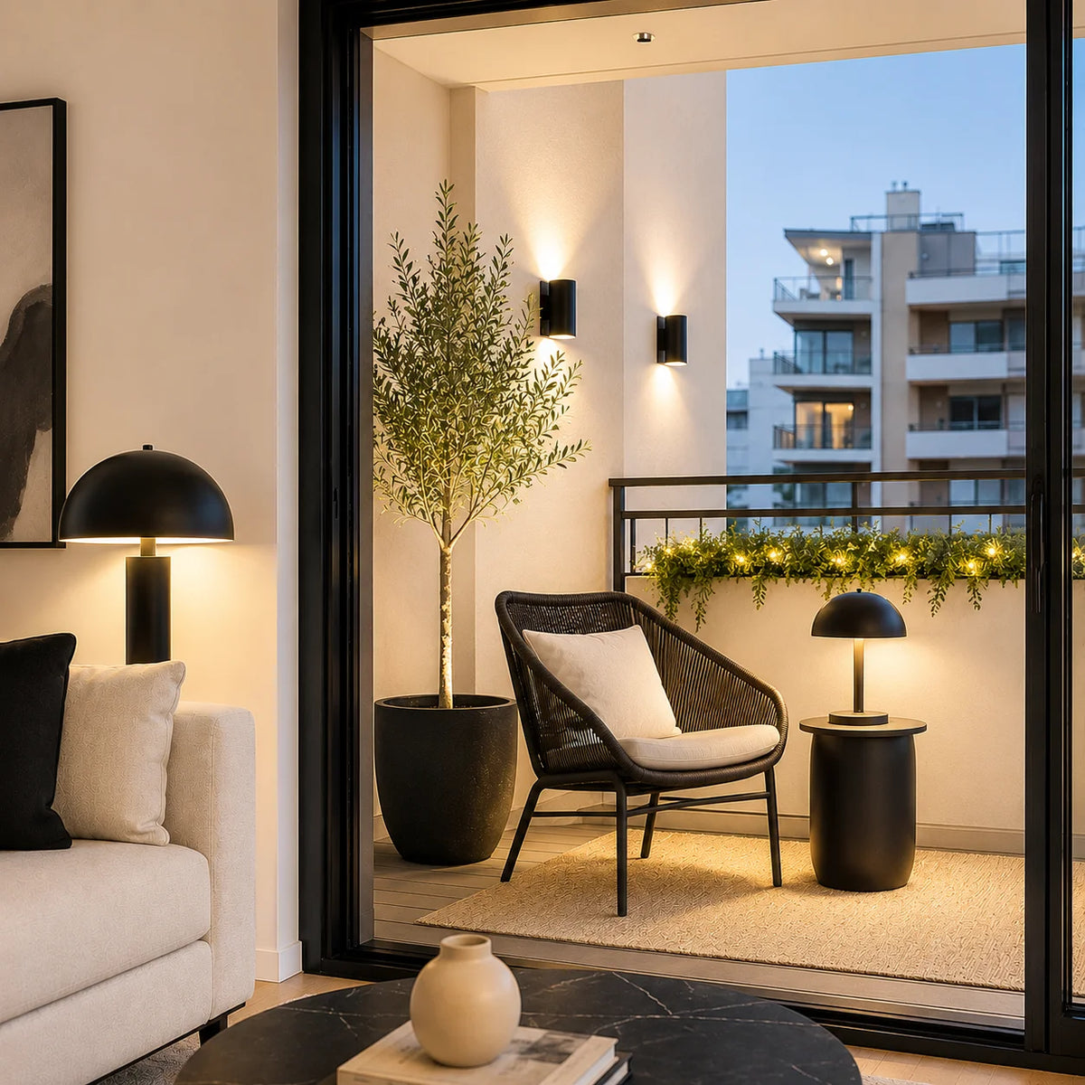 Moderner Balkon mit schwarzen Outdoor-Lampen, gemütlichem Sitzbereich und warmem Licht in Beige- und Schwarztönen.