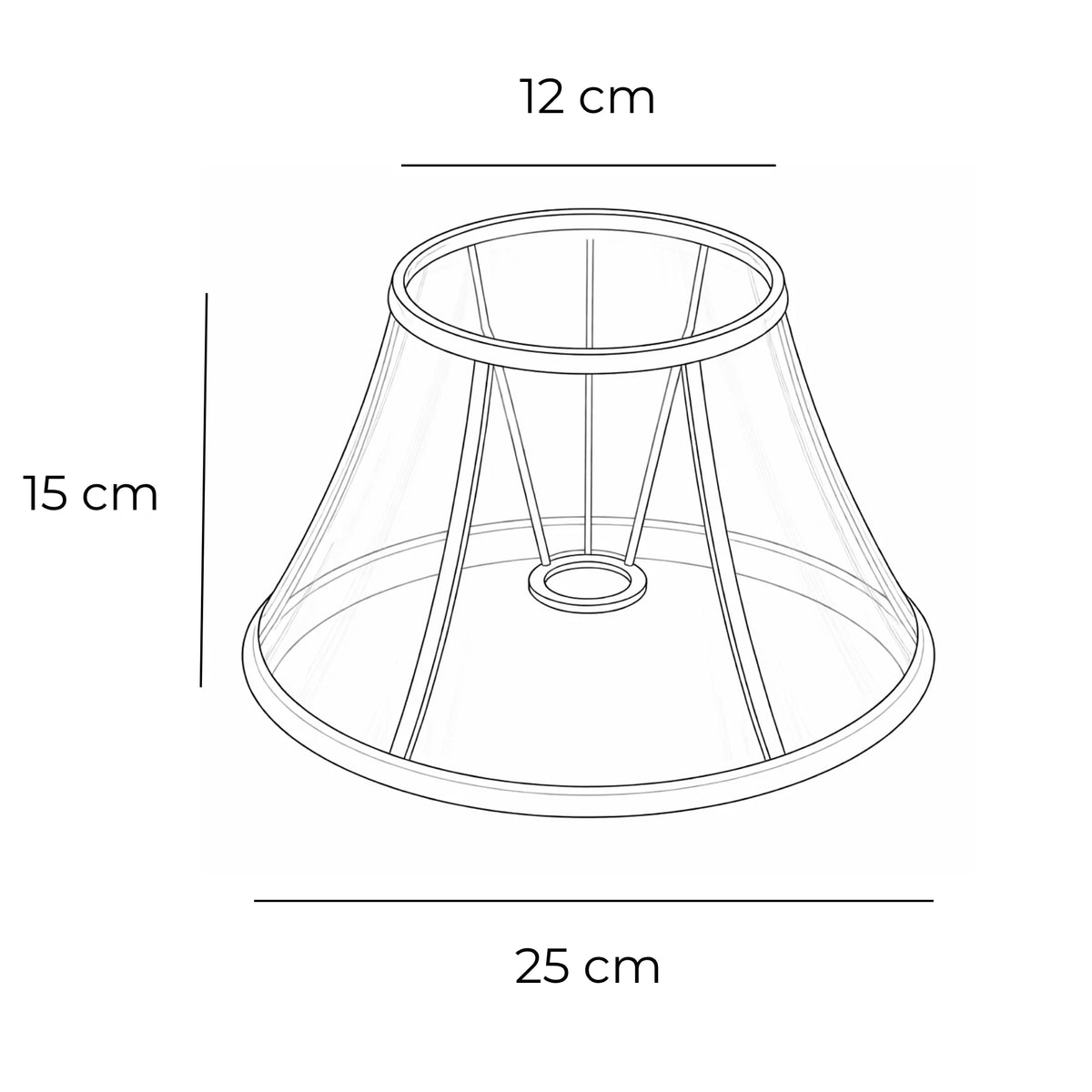 Technische Skizze eines weißen Lampenschirms aus Seide mit Maßen 12 cm oben, 25 cm unten und 15 cm Höhe, Various Scala 3825-40115