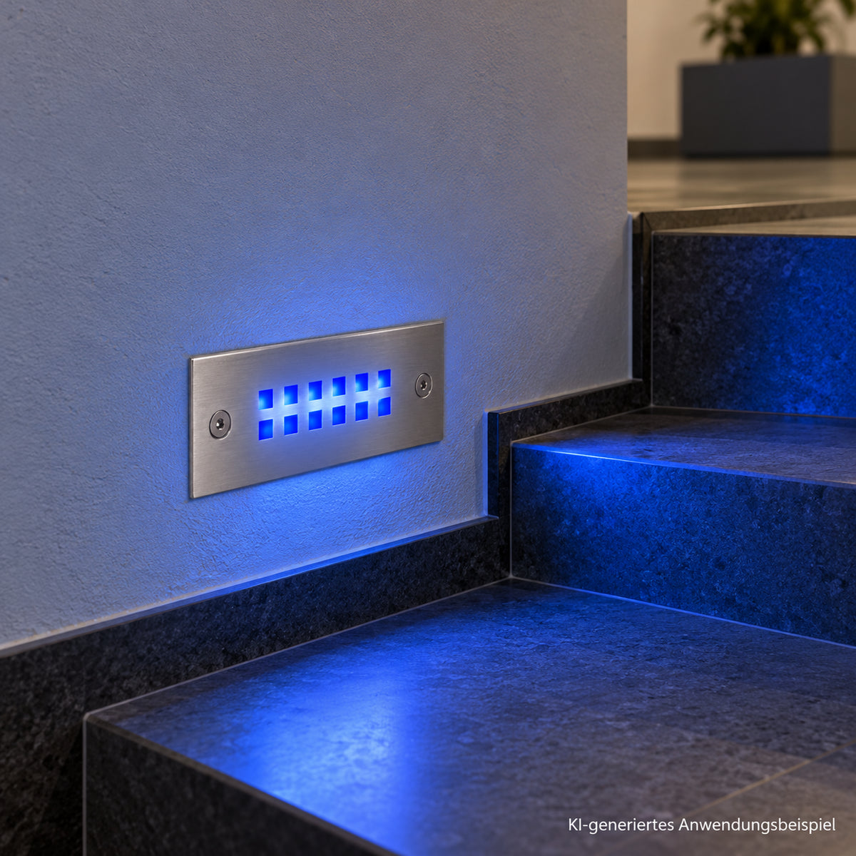 blaue LED-Treppenbeleuchtung in moderner Wand eingebaut - KI-generiertes Anwendungsbeispiel