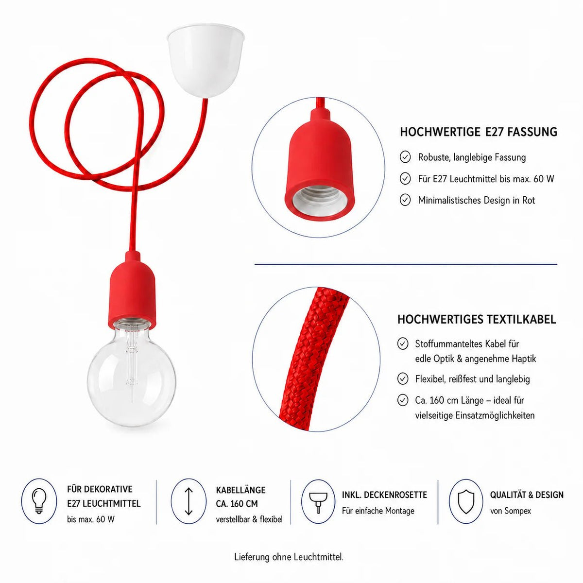 Rotes Textilkabe- Minimalistische Pendelfassung mit E27-Sockel