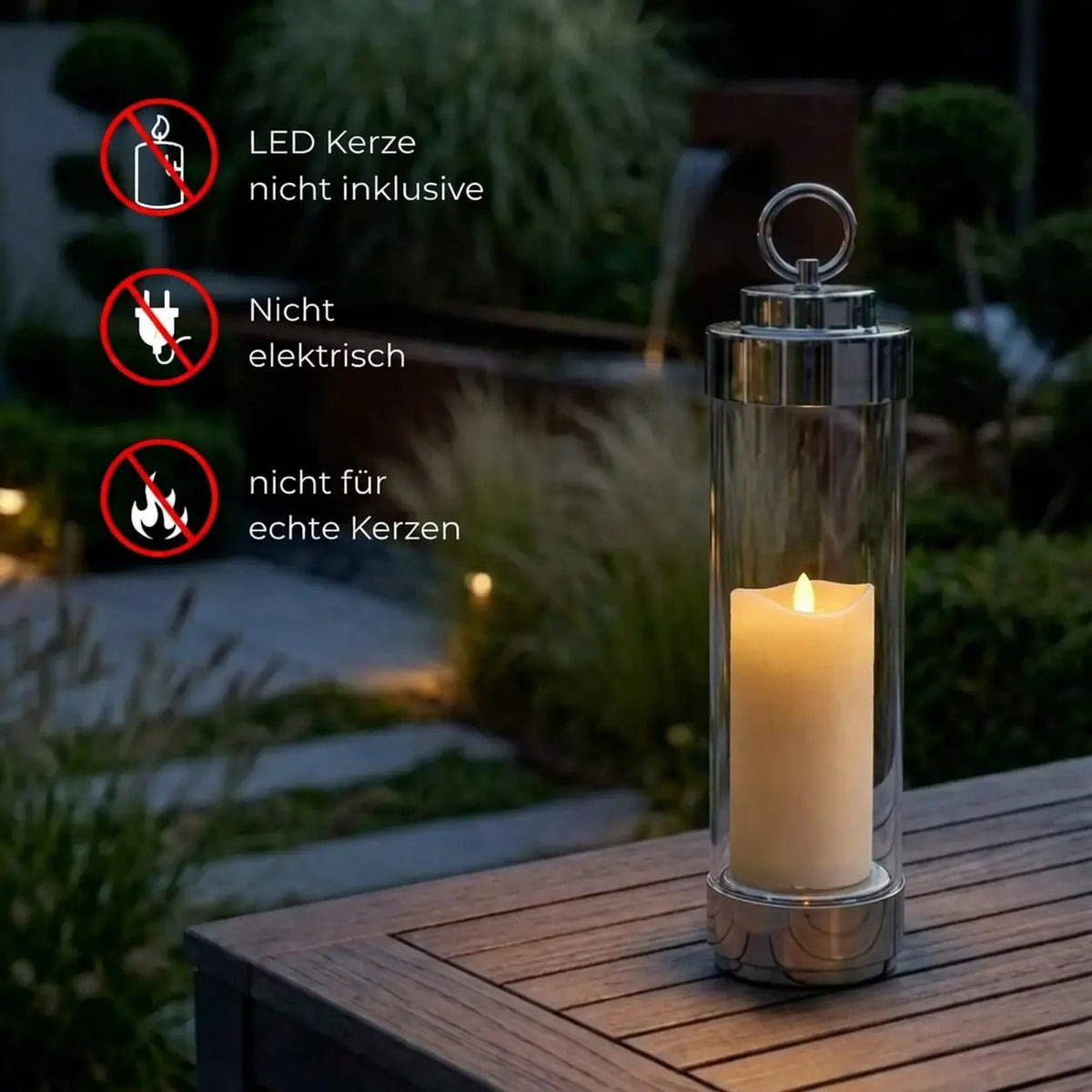 gartenlaterne mit erdspieß für led teelichter mit erdspießhängende Laterne für terrasse balkon licht zum aufhängen chrom silber klares glas elle 53182 sompex