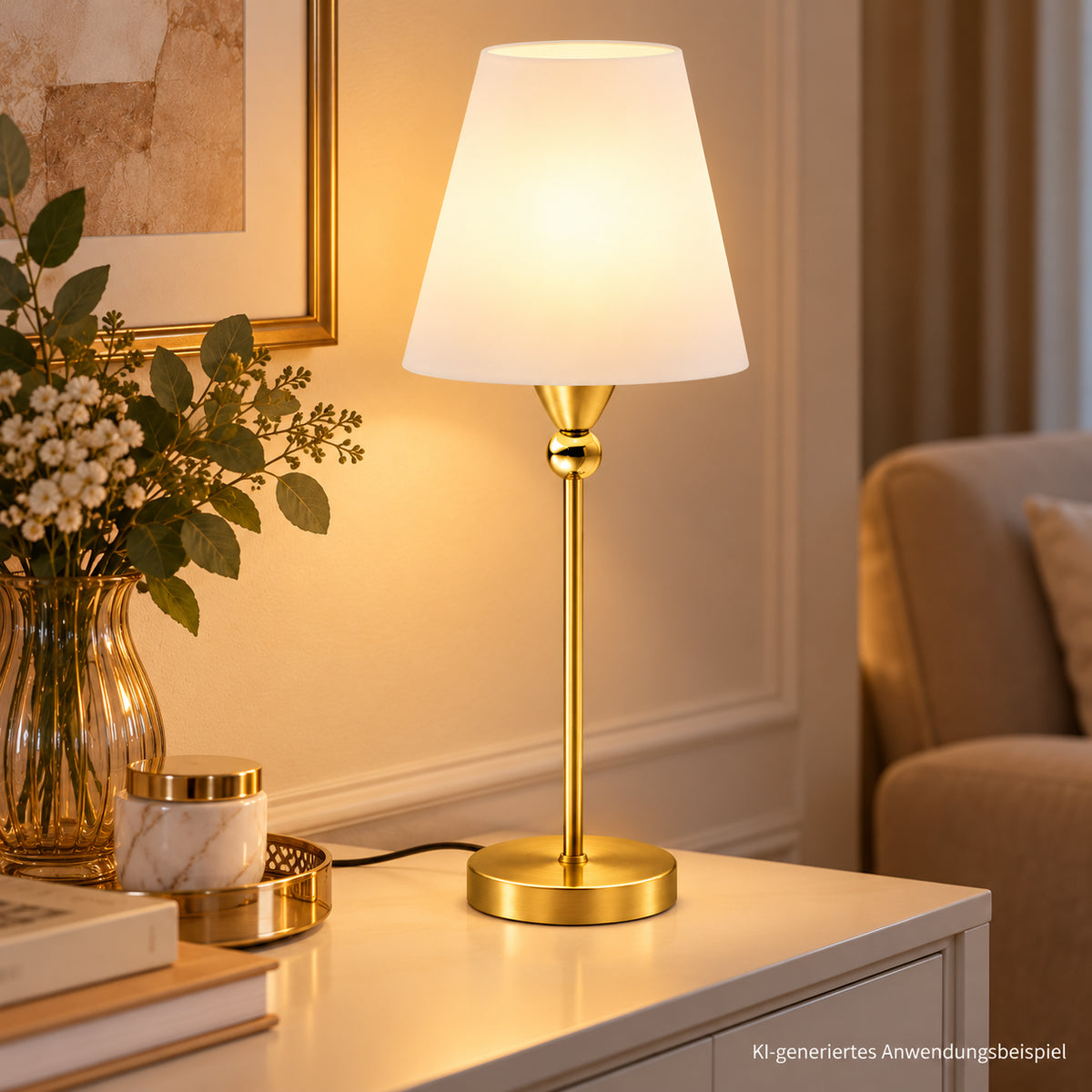 Goldene LED Nachttischlampe mit weißem Glasschirm und warmweißem Licht auf eleganter Kommode – EGLO York im Vintage-Stil - KI-generiertes Anwendungsbeispiel