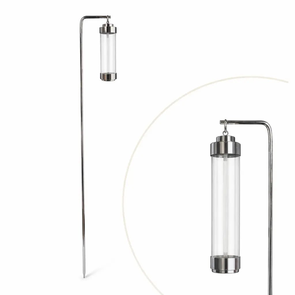 gartenlaterne mit erdspieß für led teelichter mit erdspieß chrom silber klares glas elle 53182 sompex