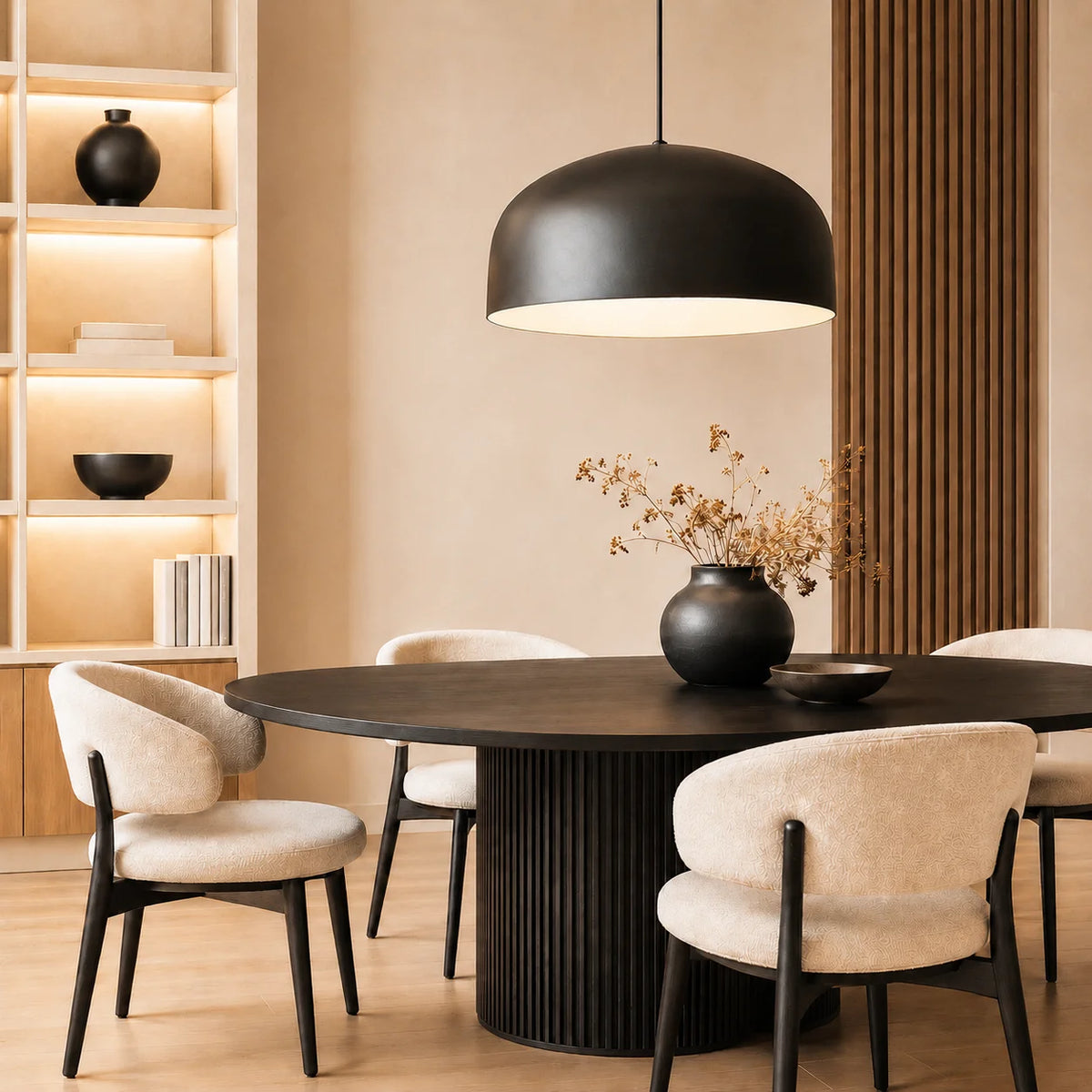 Elegantes Esszimmer mit großer schwarzer Pendelleuchte, rundem Esstisch und modernen Beige- und Holztönen.
