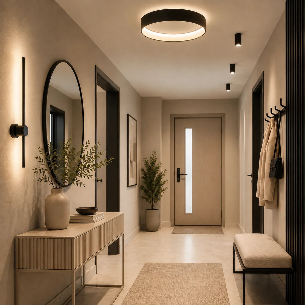Moderner Flur mit eleganten Wand- und Deckenlampen, Spiegel, Konsole und warmem Licht in Beige und Schwarz.