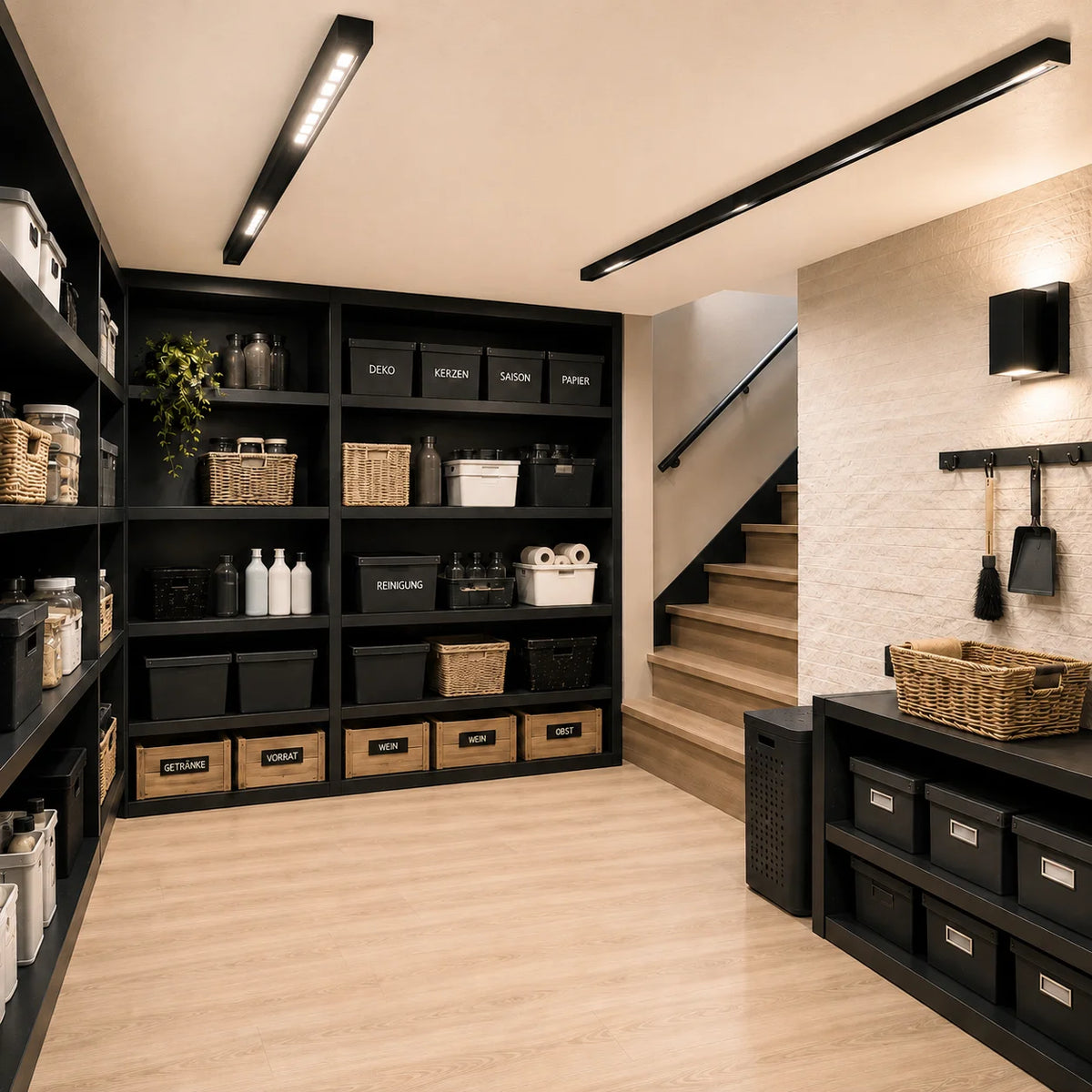 Moderner Kellerraum mit Regalen, Aufbewahrungsboxen und schwarzen LED-Deckenleuchten in hellem, ordentlichem Design.