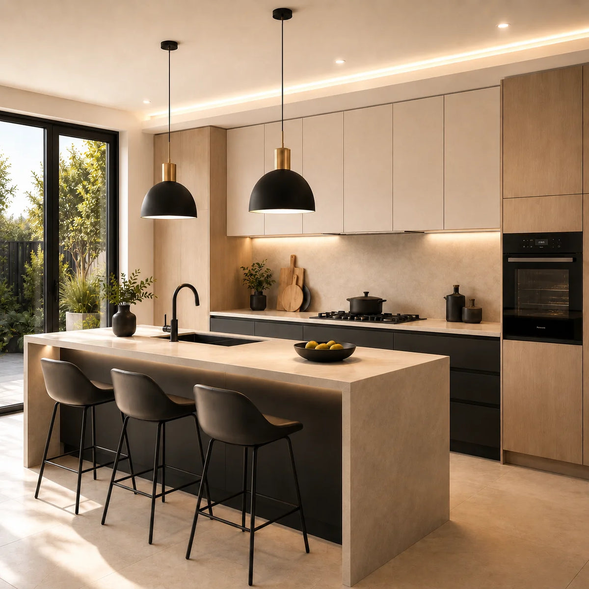 Moderne Küche mit schwarzen Pendelleuchten, warmem Licht, hellen Schränken und eleganten Beige- und Holztönen.