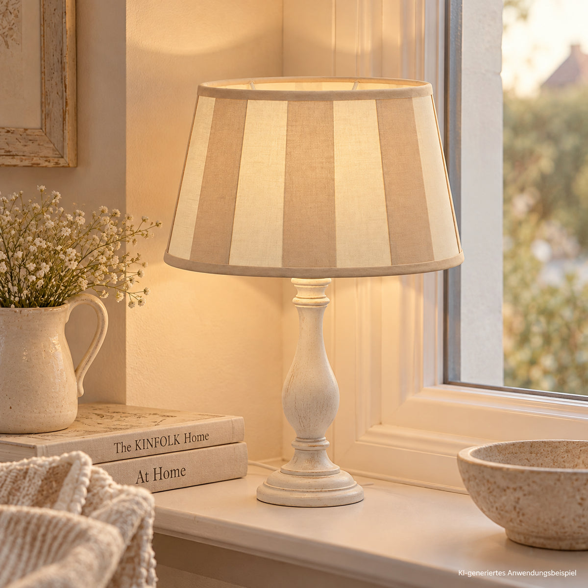 Lampenschirm E27 oval bei breiten Streifen in creme beige - KI-generiertes-Anwendungsbeispiel