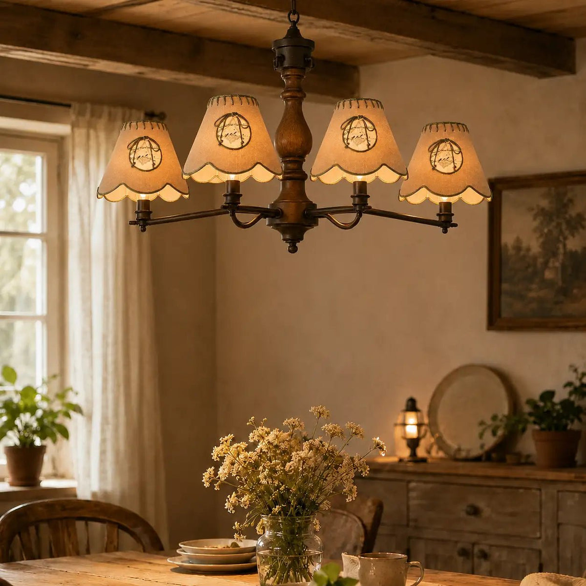 Landhaus-Hängeleuchte mit vier beige-grünen Lampenschirmen, warm eingeschaltet über einem rustikalen Esstisch in gemütlicher Küche.