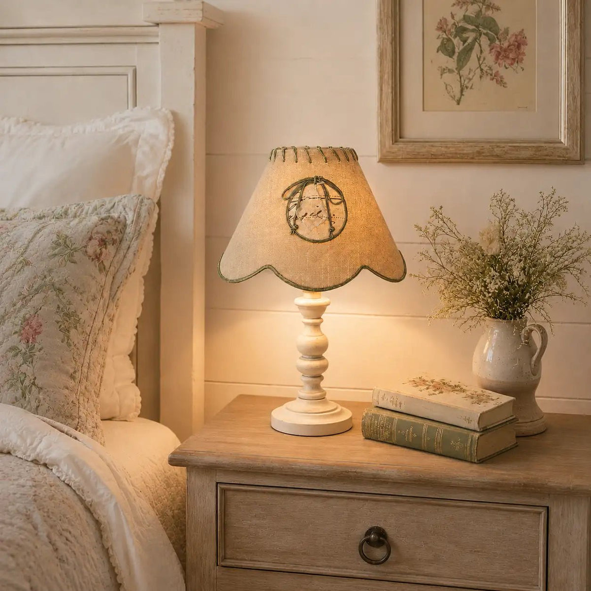 Landhaus-Tischlampe mit beige-grünem Stofflampenschirm, warm leuchtend auf einem Holz-Nachttisch in einem hellen gemütlichen Schlafzimmer.