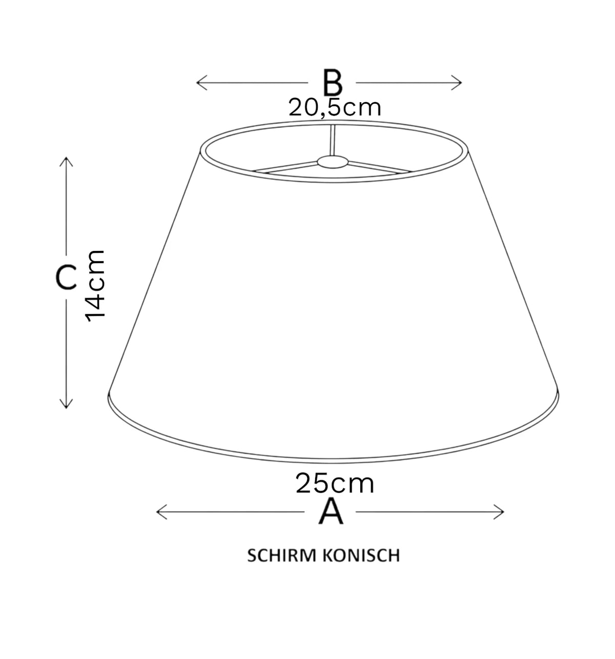 Maßgrafik des konischen Lampenschirms mit 14 cm Höhe, 20,5 cm oberem Durchmesser und 25 cm unterem Durchmesser