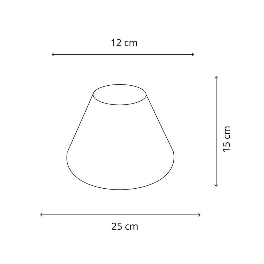 Maßgrafik des konischen Lampenschirms mit 15 cm Höhe, 12 cm oberem Durchmesser und 25 cm unterem Durchmesser