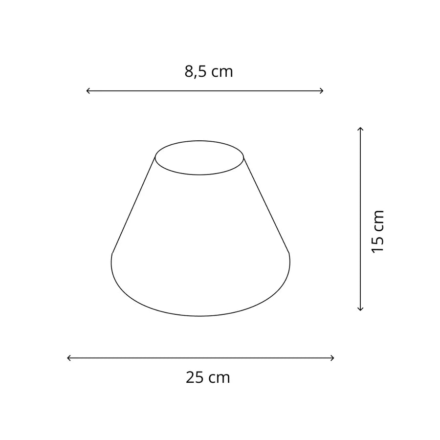 Maßgrafik des konischen Lampenschirms mit 15 cm Höhe, 8,5 cm oberem Durchmesser und 25 cm unterem Durchmesser