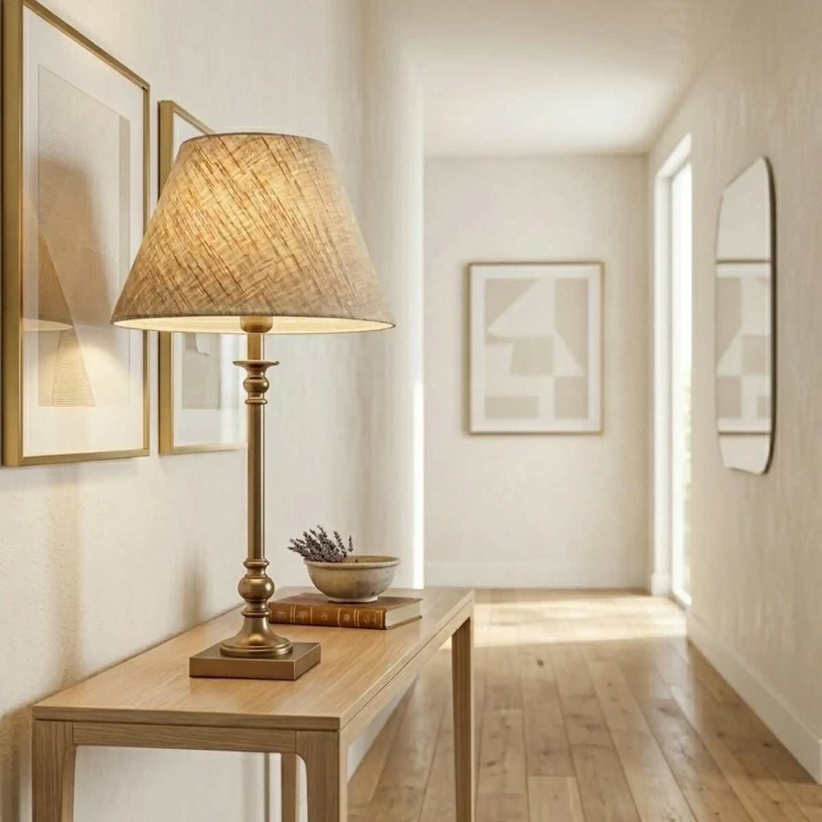 Lampenschirm in Creme-Beige auf heller Tischlampe im Flur, dekoriert auf einem Seidbordtisch.
