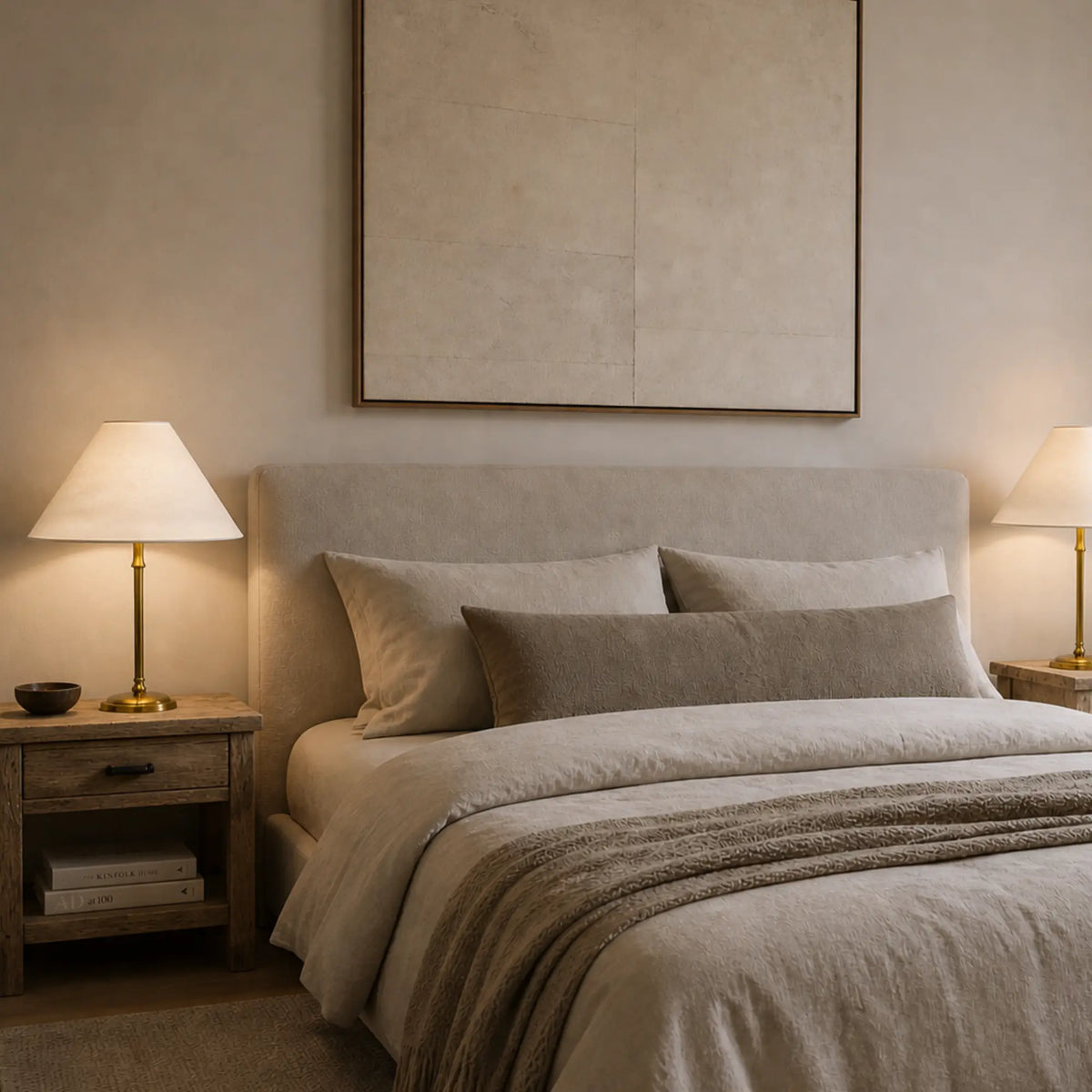 Lampenschirm in Creme auf heller Tischlampe im Schlafzimmer