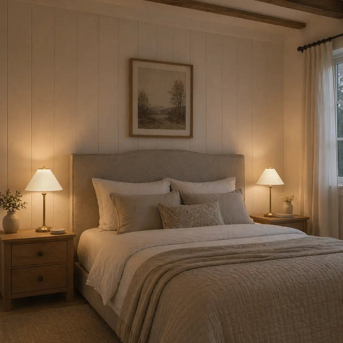 Lampenschirm in Creme auf heller Tischlampenfuß im Schlafzimmer