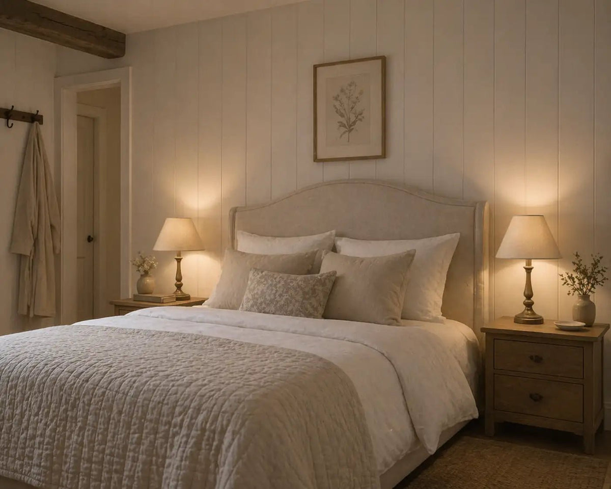 Lampenschirm in Creme-Beige auf heller Tischlampe im Schlafzimmer