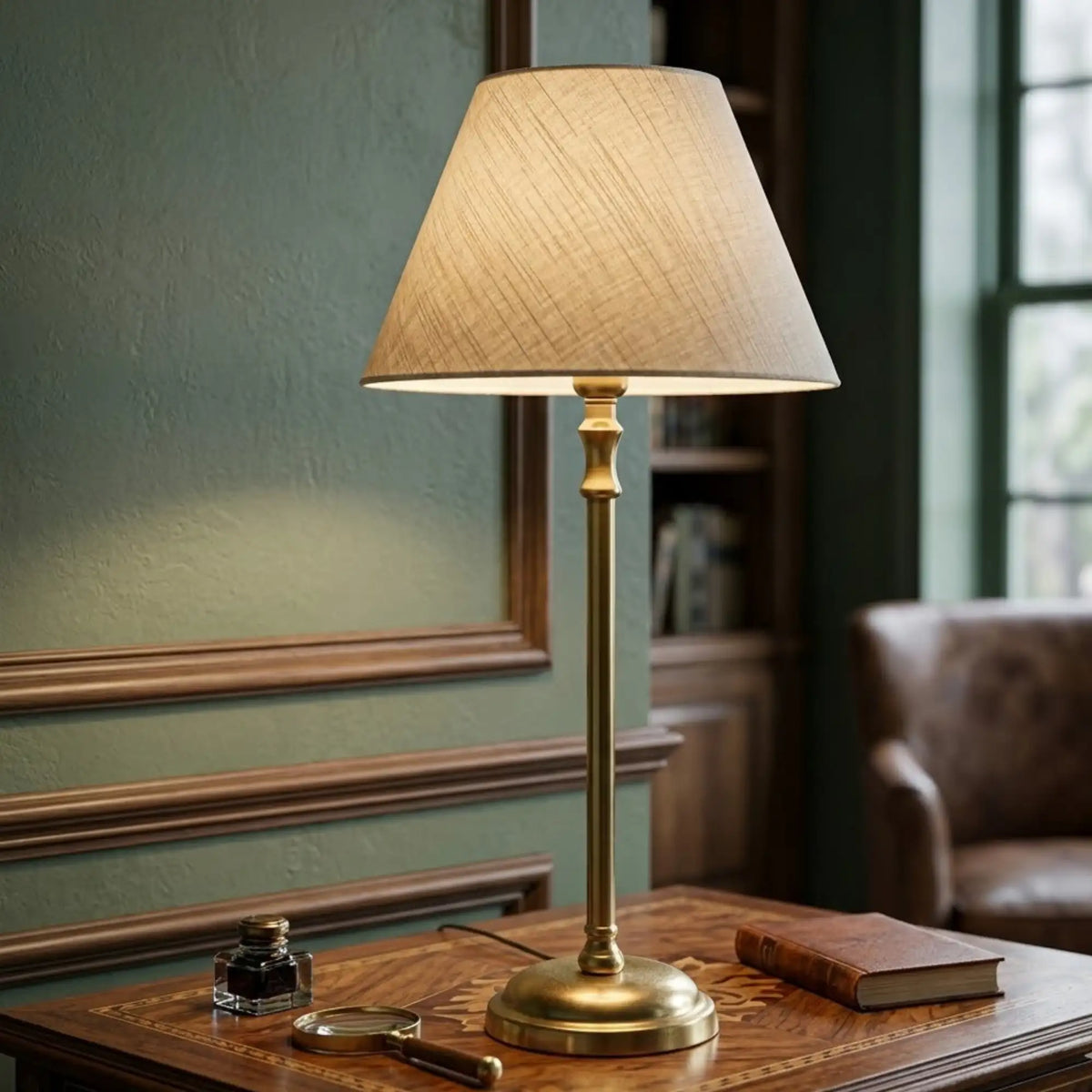 Lampenschirm in Creme-Beige auf Tischleuchte mit goldenen Holzfuß, platziert auf einem Sideboard im Wohnraum