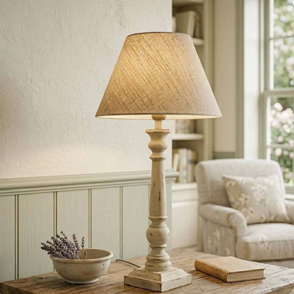 Lampenschirm in Creme-Beige auf heller Tischlampe im Wohnzimmer, dekoriert auf Beistelltisch neben Sofa