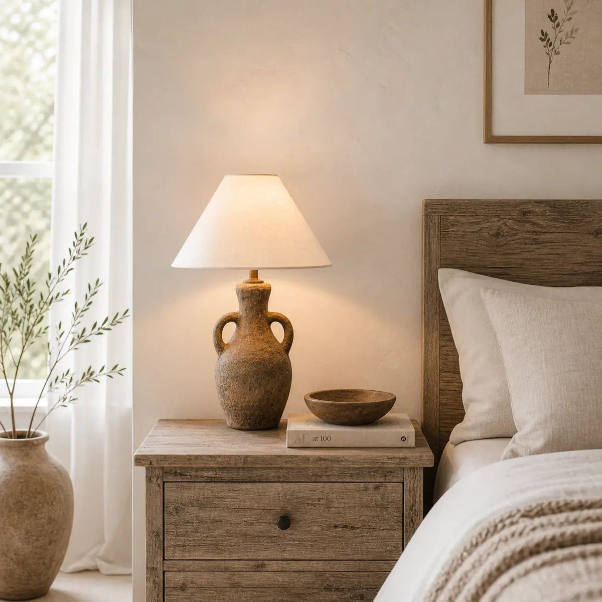 Lampenschirm in Creme auf heller Tischlampe im Schlafzimmer