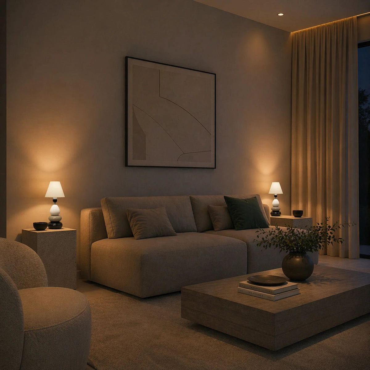 Lampenschirm in Creme auf heller Tischlampe im Wohnzimmer, dekoriert auf Beistelltisch neben Sofa