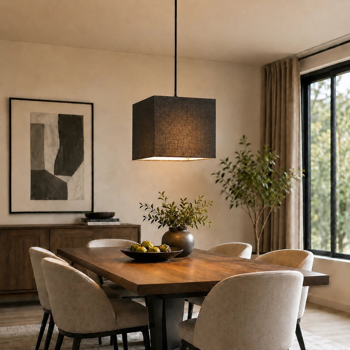 Lampenschrm in Dunkelgrau als Hängelampe in Esszimmer.