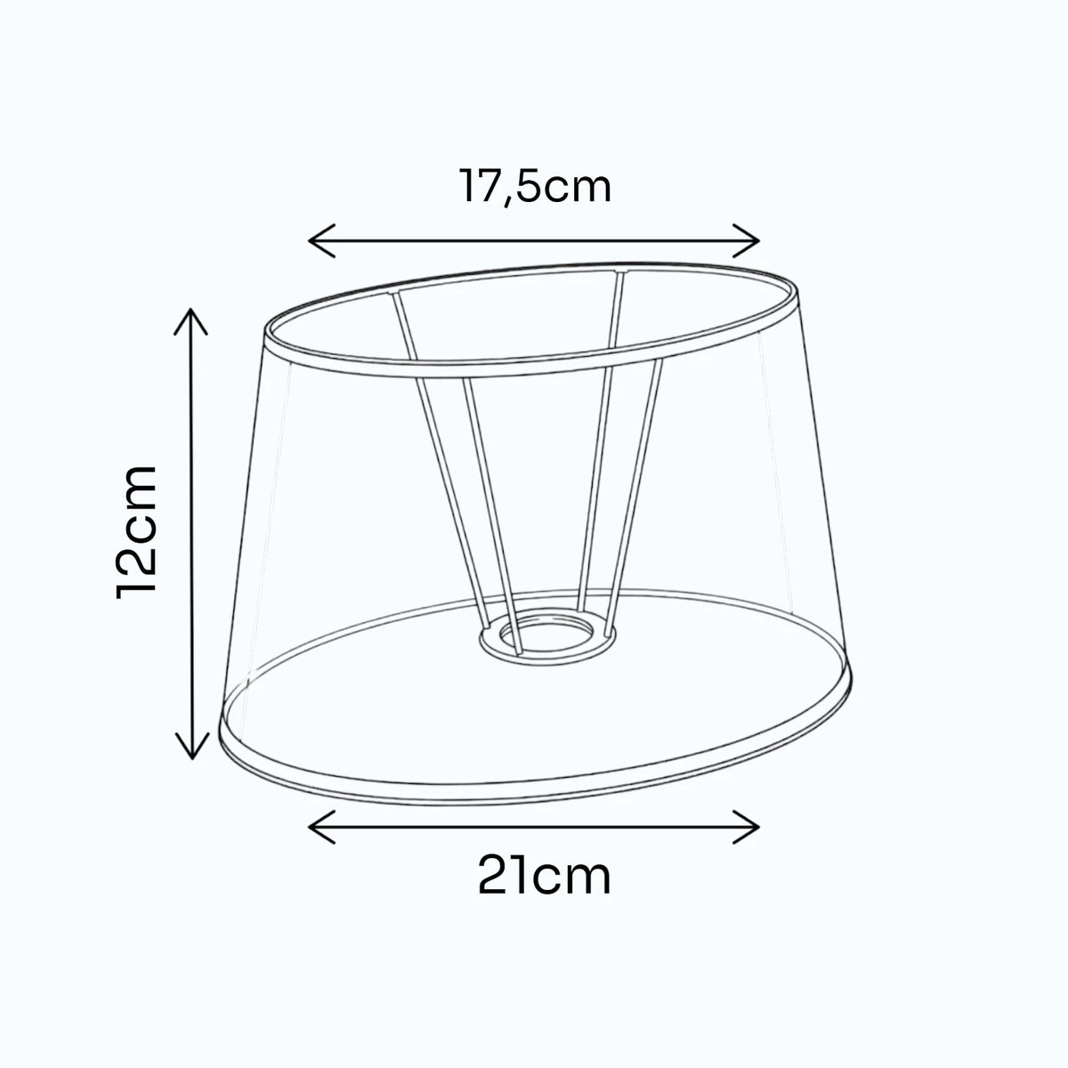 Maßgrafik des ovalen Lampenschirms mit 12 cm Höhe, 17,5 cm oberem Durchmesser und 21 cm unterem Durchmesser