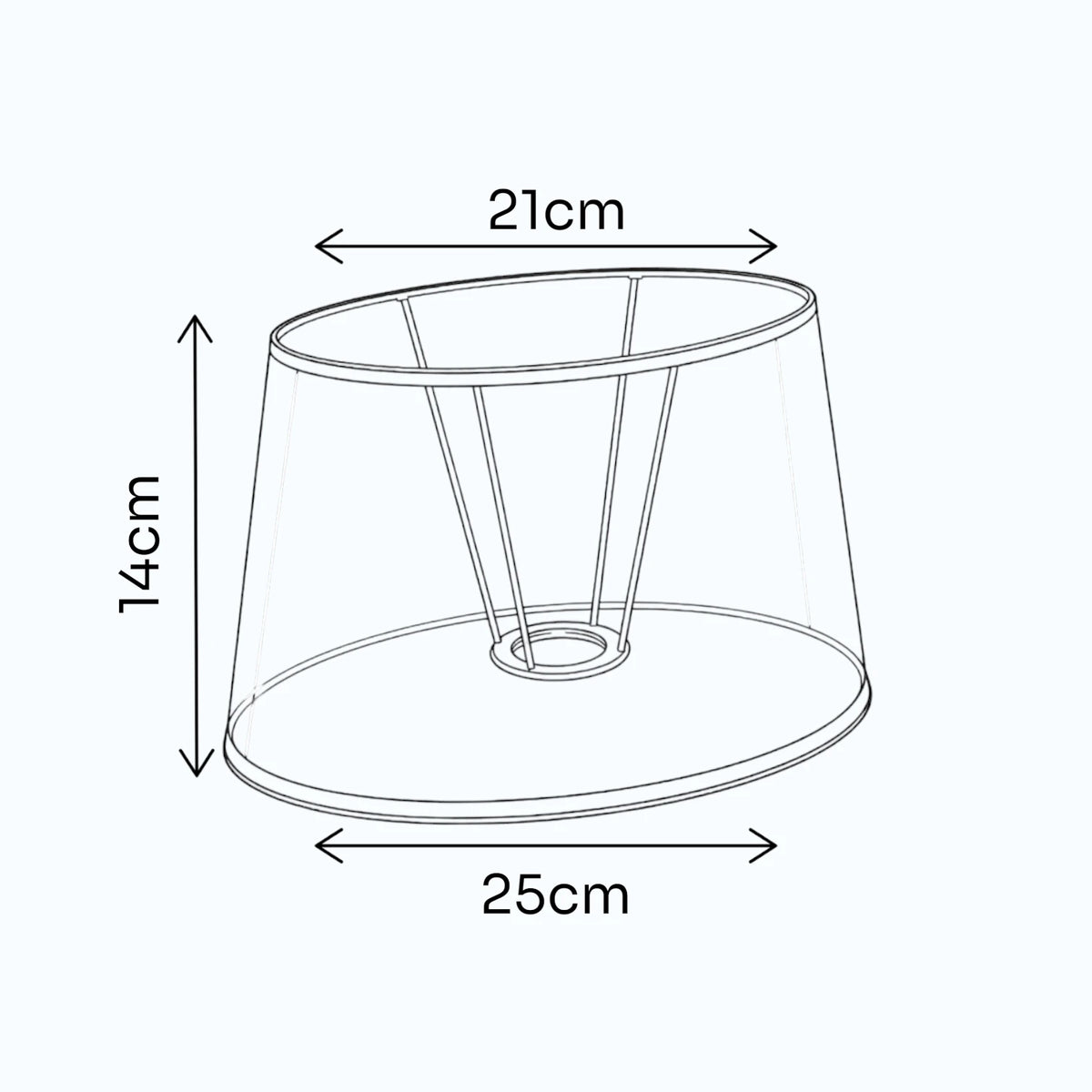 Maßgrafik des ovalen Lampenschirms mit 14 cm Höhe, 21 cm oberem Durchmesser und 25 cm unterem Durchmesser