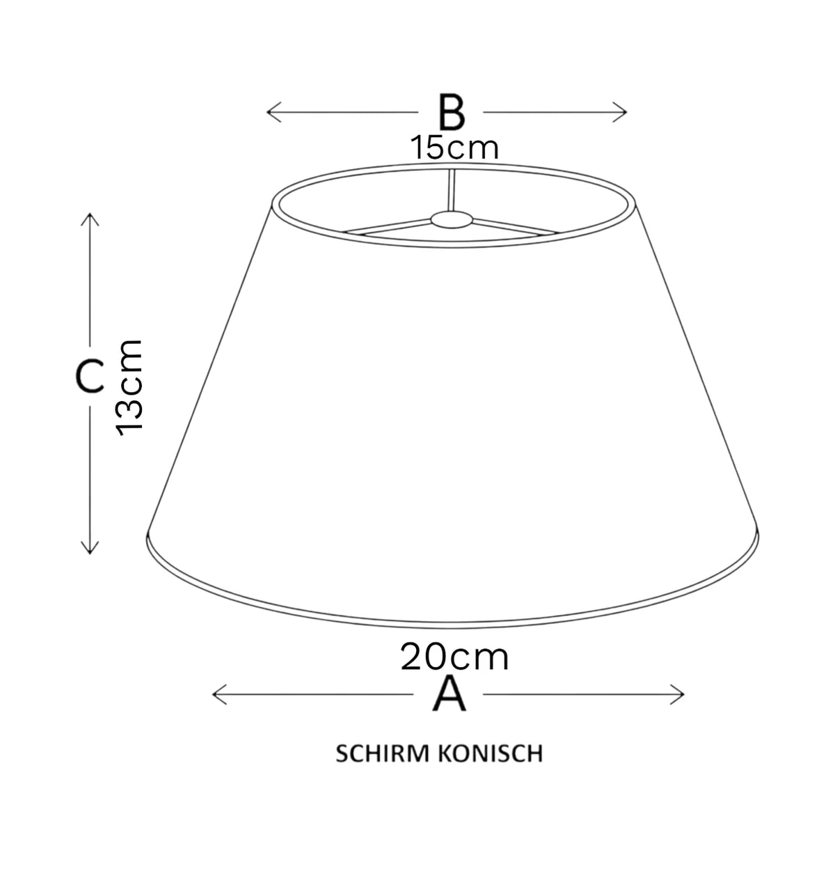 Maßgrafik des konischen Lampenschirms mit 13 cm Höhe, 15 cm oberem Durchmesser und 20 cm unterem Durchmesser