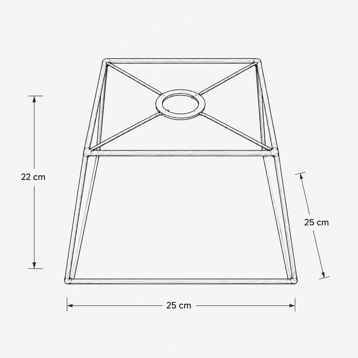Maßgrafik des Quadratischer Lampenschirms mit 22 cm Höhe, 25 cm  Durchmesser 