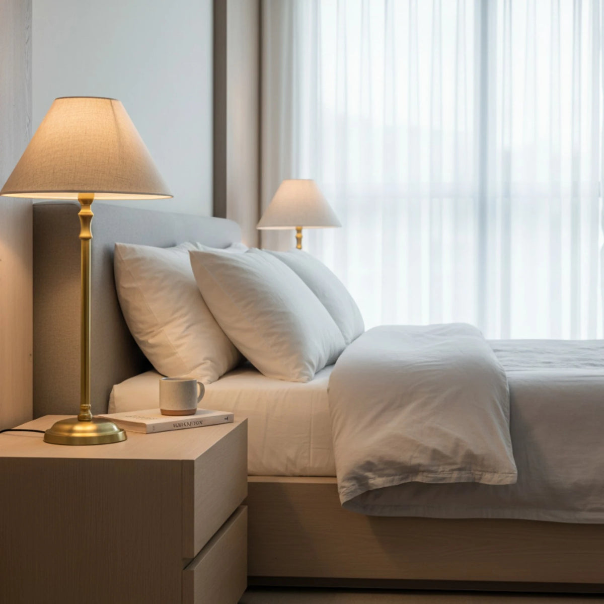 Lampenschirm  in Beige auf einer Tischlampe mit schlankem goldfarbenem Fuß auf einem Holztisch im Schlafzimmer.