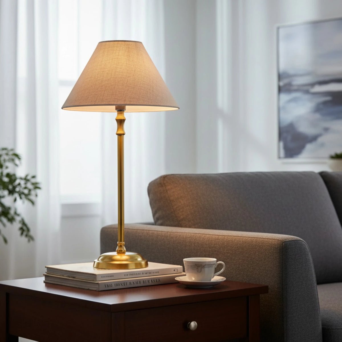 Lampenschirm in grau-beige auf einer Tischlampe mit schlankem goldfarbenem Fuß auf einem Holztisch im Wohzimmer.
