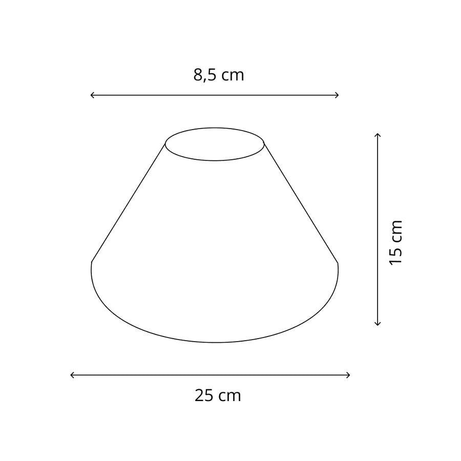 Maßgrafik des konischen Lampenschirms mit 15 cm Höhe, 8,5 cm oberem Durchmesser und 25 cm unterem Durchmesser