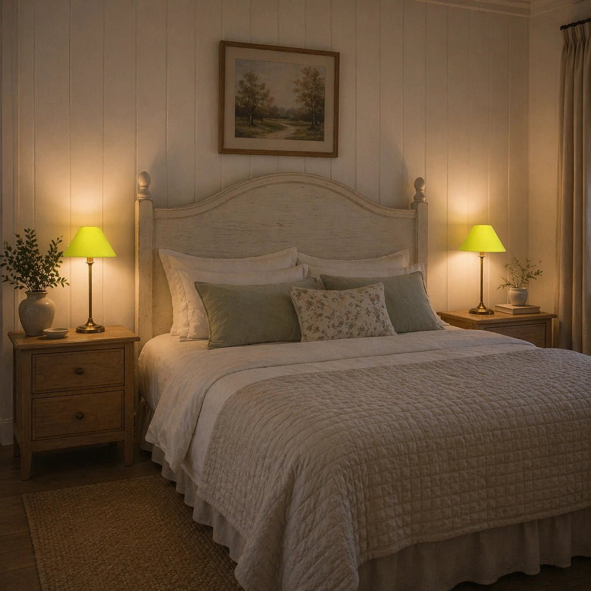 Lampenschirm in Limettengrün auf heller Tischlampenfuß im Schlafzimmer