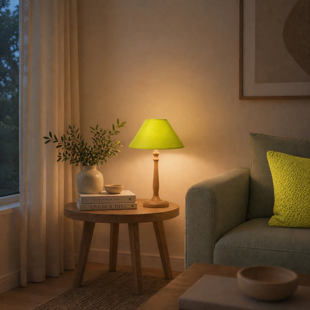 Lampenschirm in Limettengrün auf heller Tischlampe im Wohnzimmer, dekoriert auf Beistelltisch neben Sofa