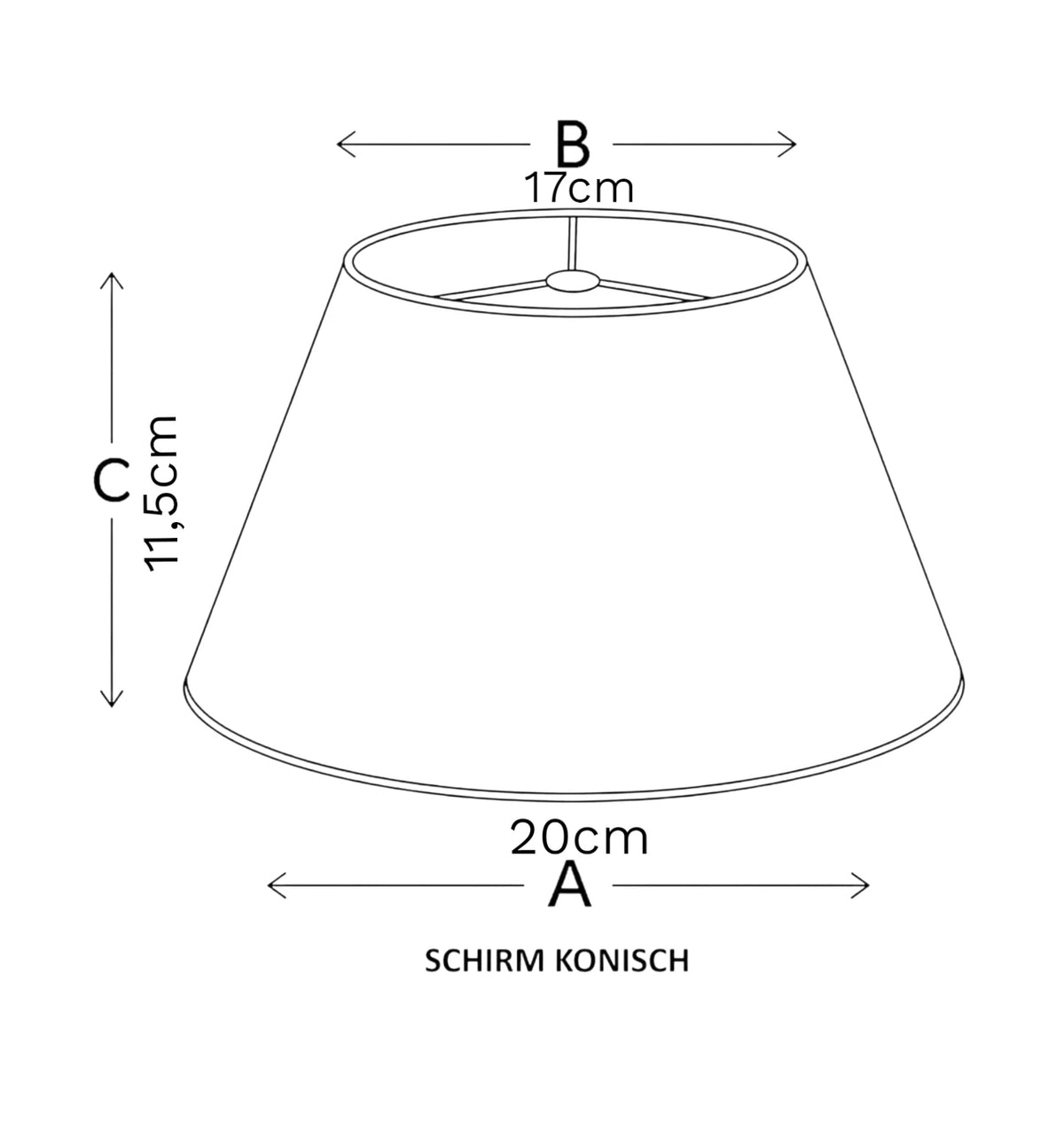 Maßgrafik des konischen Lampenschirms mit 11,5 cm Höhe, 17 cm oberem Durchmesser und 20 cm unterem Durchmesser