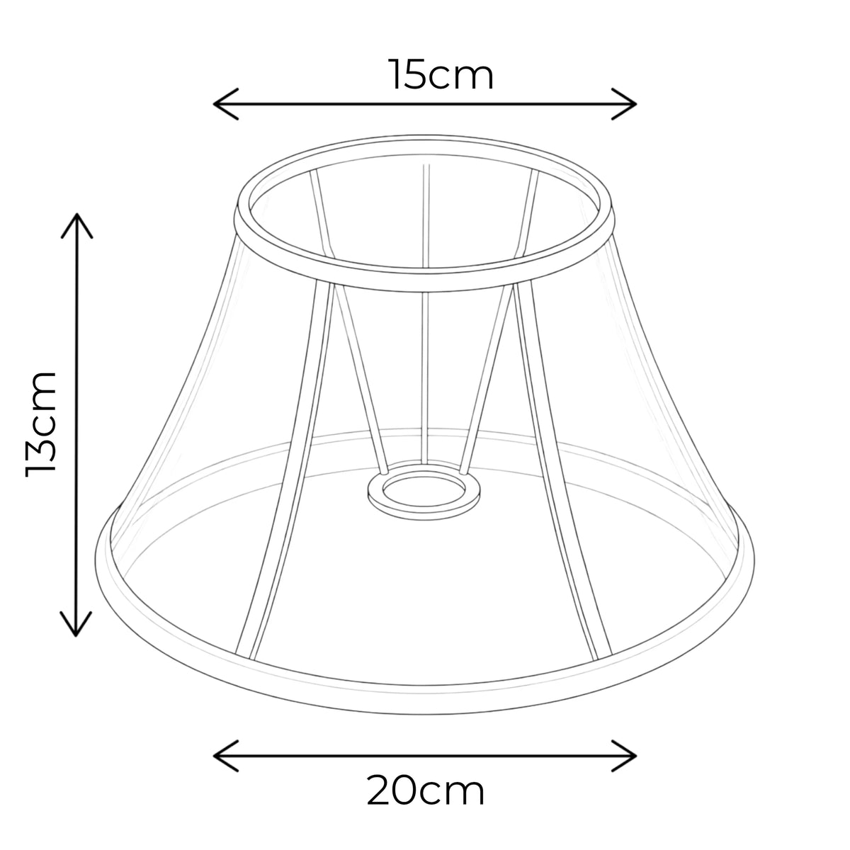 Maßgrafik des konischen Lampenschirms mit 13 cm Höhe, 15 cm oberem Durchmesser und 20 cm unterem Durchmesser