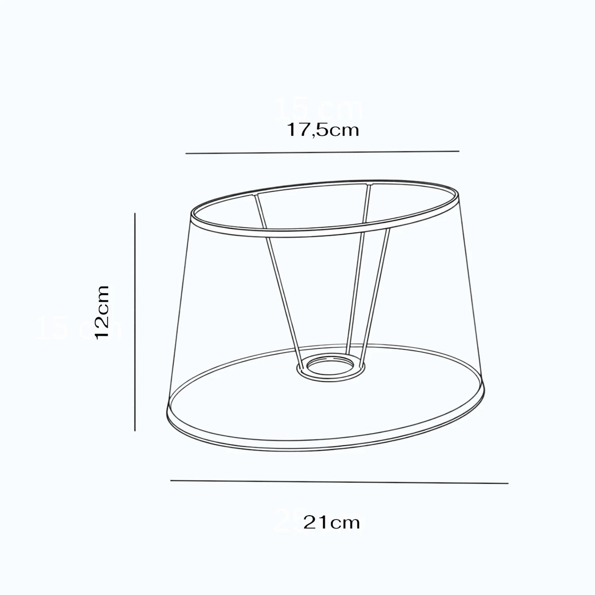 Maßgrafik des ovalen Lampenschirms mit 12 cm Höhe, 17,5cm oberem Durchmesser und 21 cm unterem Durchmesser