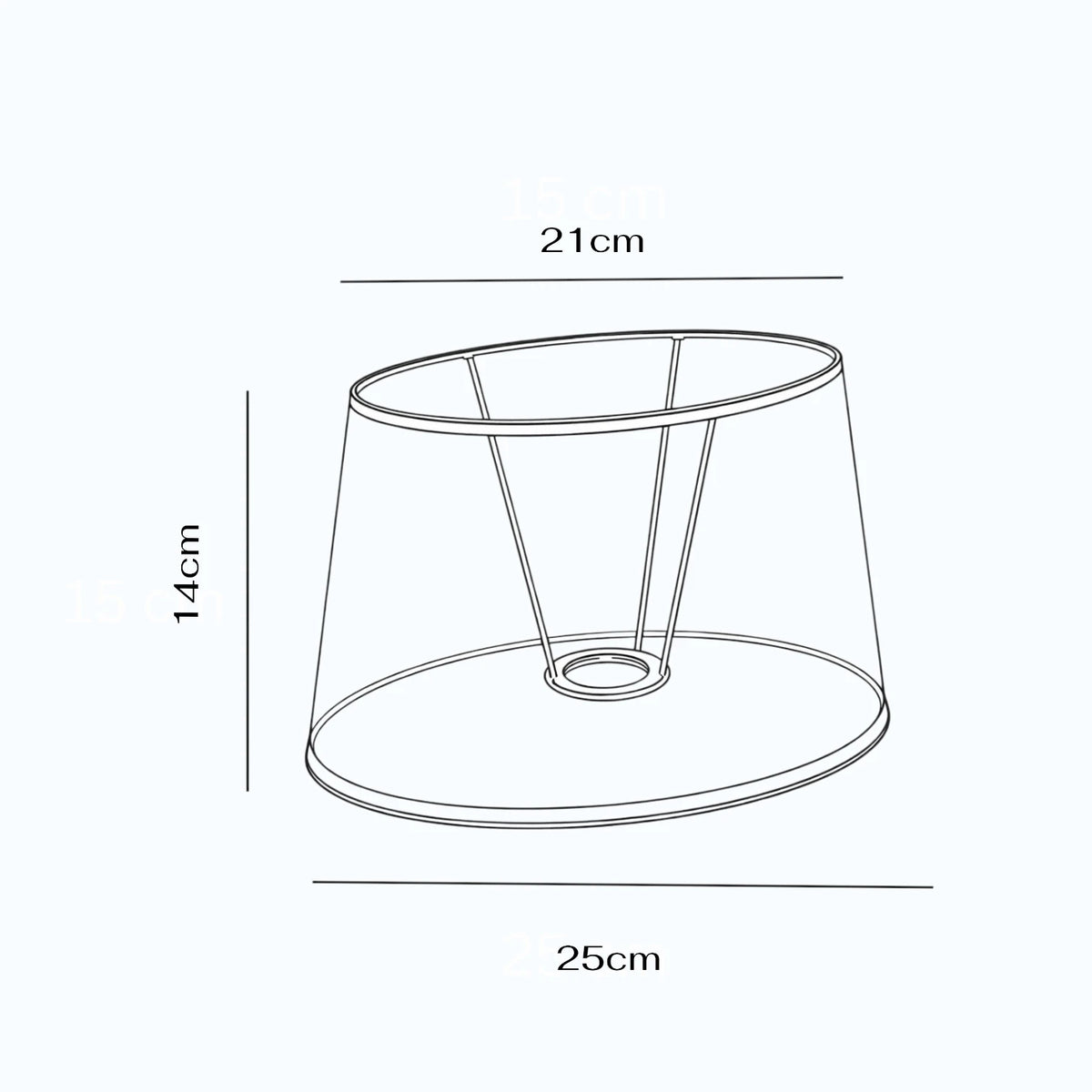 Maßgrafik des ovalen Lampenschirms mit 14 cm Höhe, 21 cm oberem Durchmesser und 25 cm unterem Durchmesser