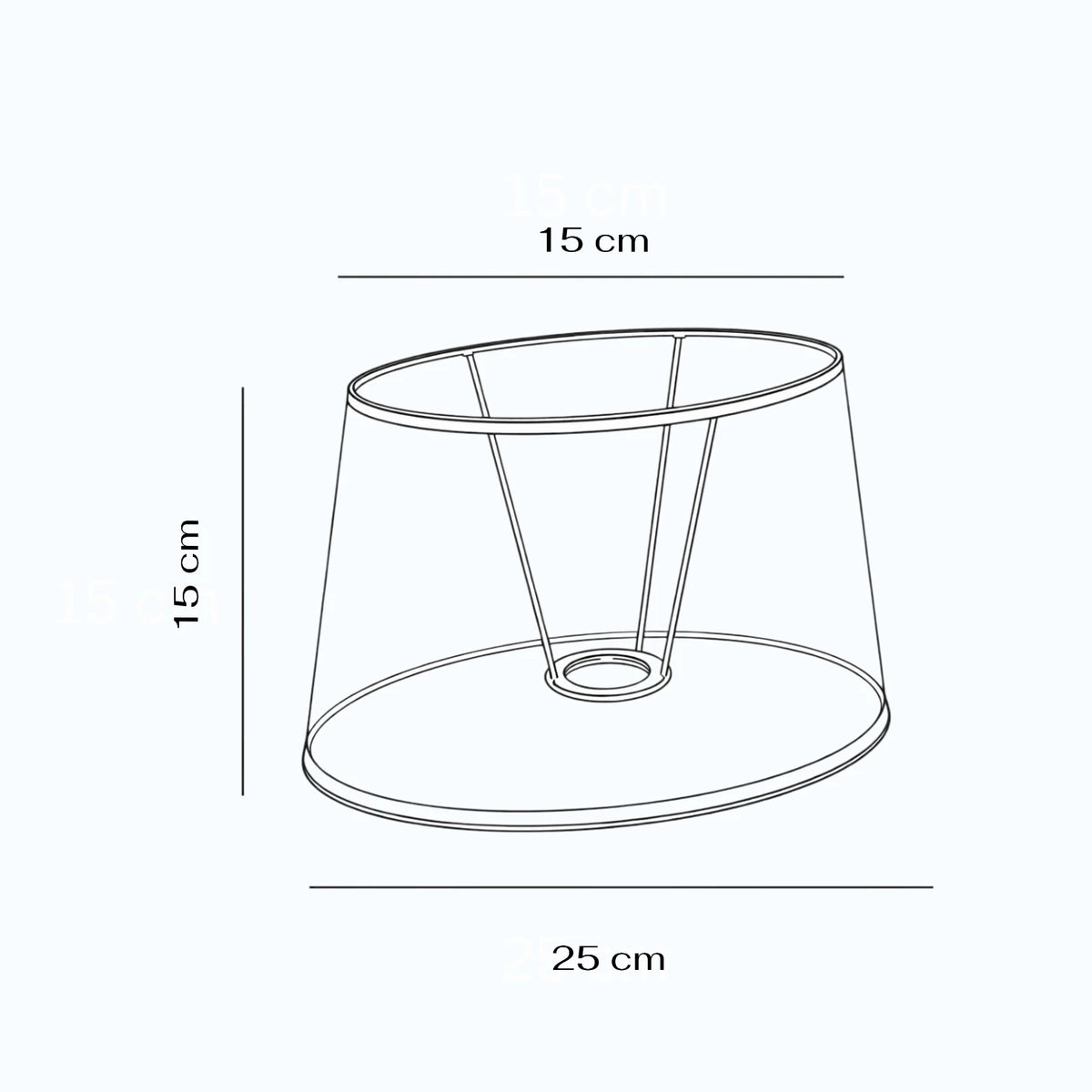 Maßzeichnung vom ovalenLampenschirm  in Taupe Lever mit 25 cm unten, 15 cm oben und 15 cm Höhe.