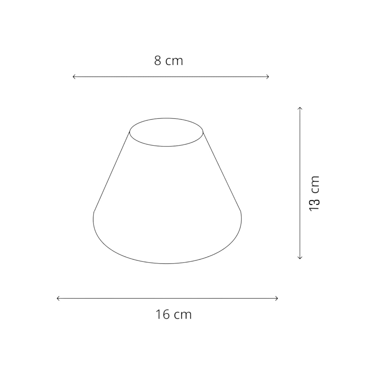 Maßskizze des Lampenschirms mit 8 cm oben, 16 cm unten und 13 cm Höhe