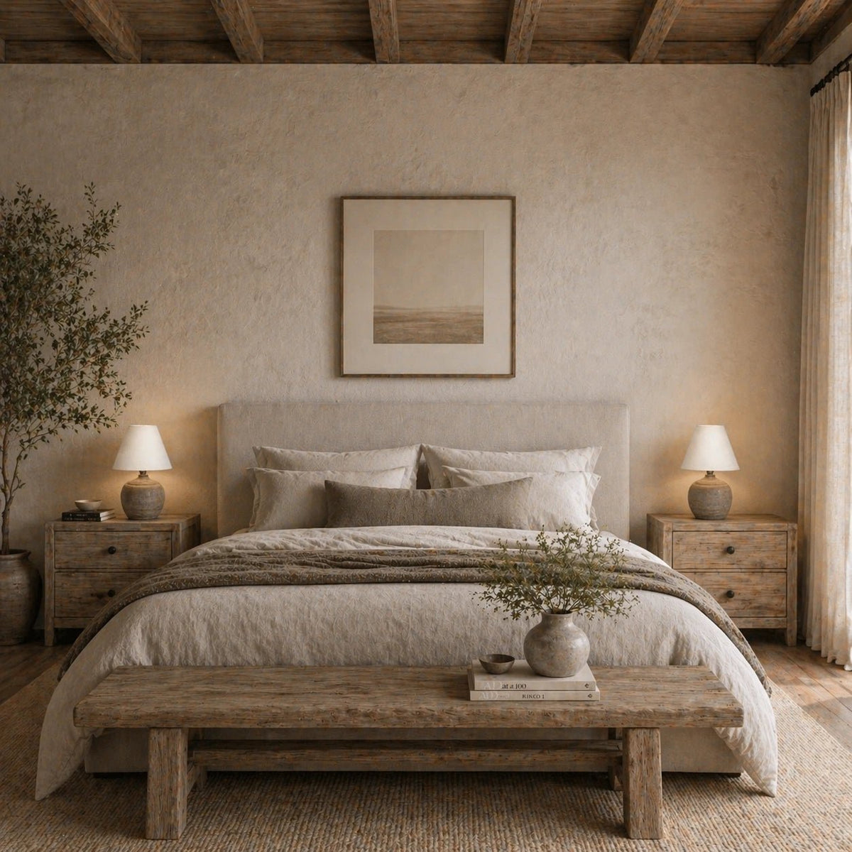 Lampenschirm in Creme auf hellen Tischlampenfuß im Schlafzimmer