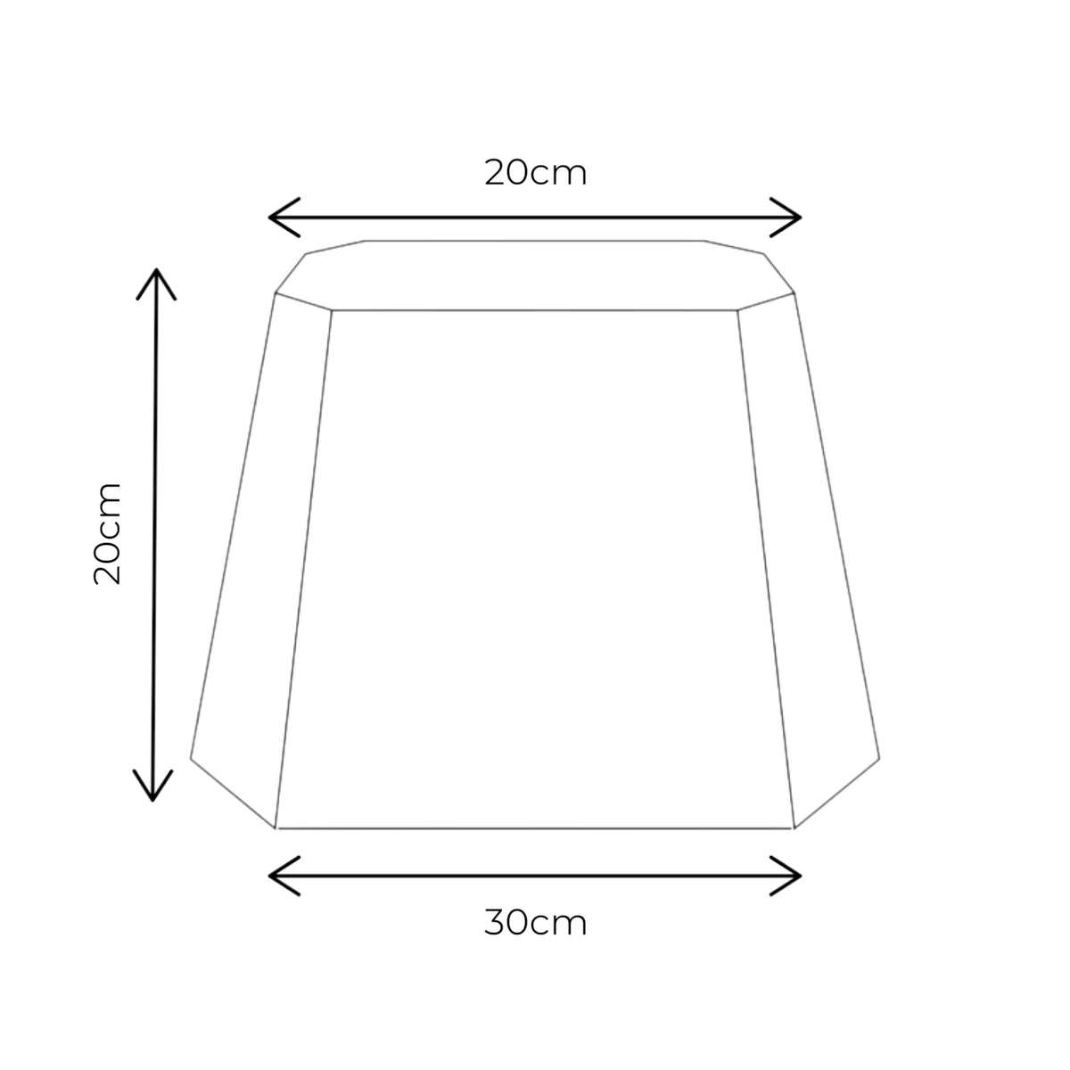 Maßgrafik zum rechteckigen Lampenschirm in beige mit 20 cm Höhe, 20 cm Durchmesser oben und 30 cm Durchmesser unten