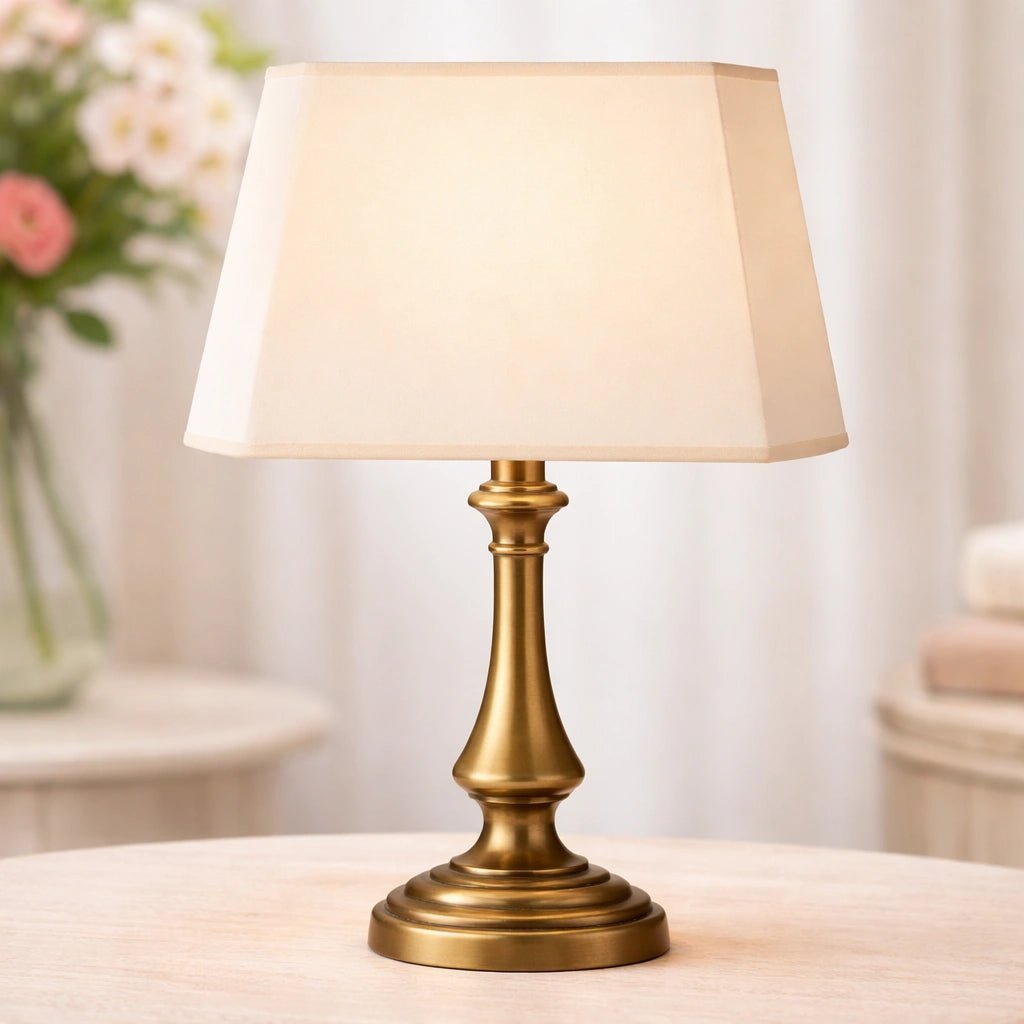 Warm Beiger rechteckiger Lampenschirm auf goldfarbenem Lampenfuß als Wohnbeispiel auf einem Tisch