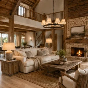 Rustikales Landhaus-Wohnzimmer mit Holzbalken, Kamin, Kronleuchter und beleuchteten Tischlampen.